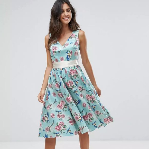 Hell Bunny Vixen 50's Floral Hummingbird Print Party Dress Cotton Small Retro - Picture 1 of 13